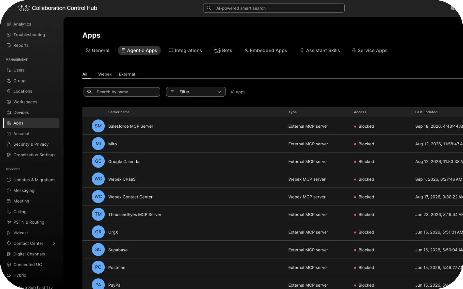 Agentic Apps management overview in Control Hub