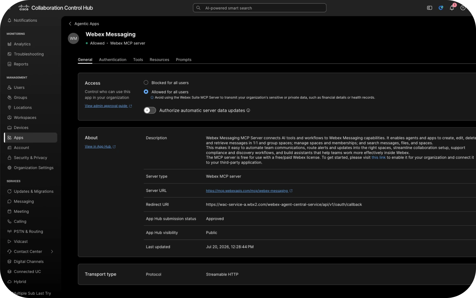 Webex Messaging agentic app configuration