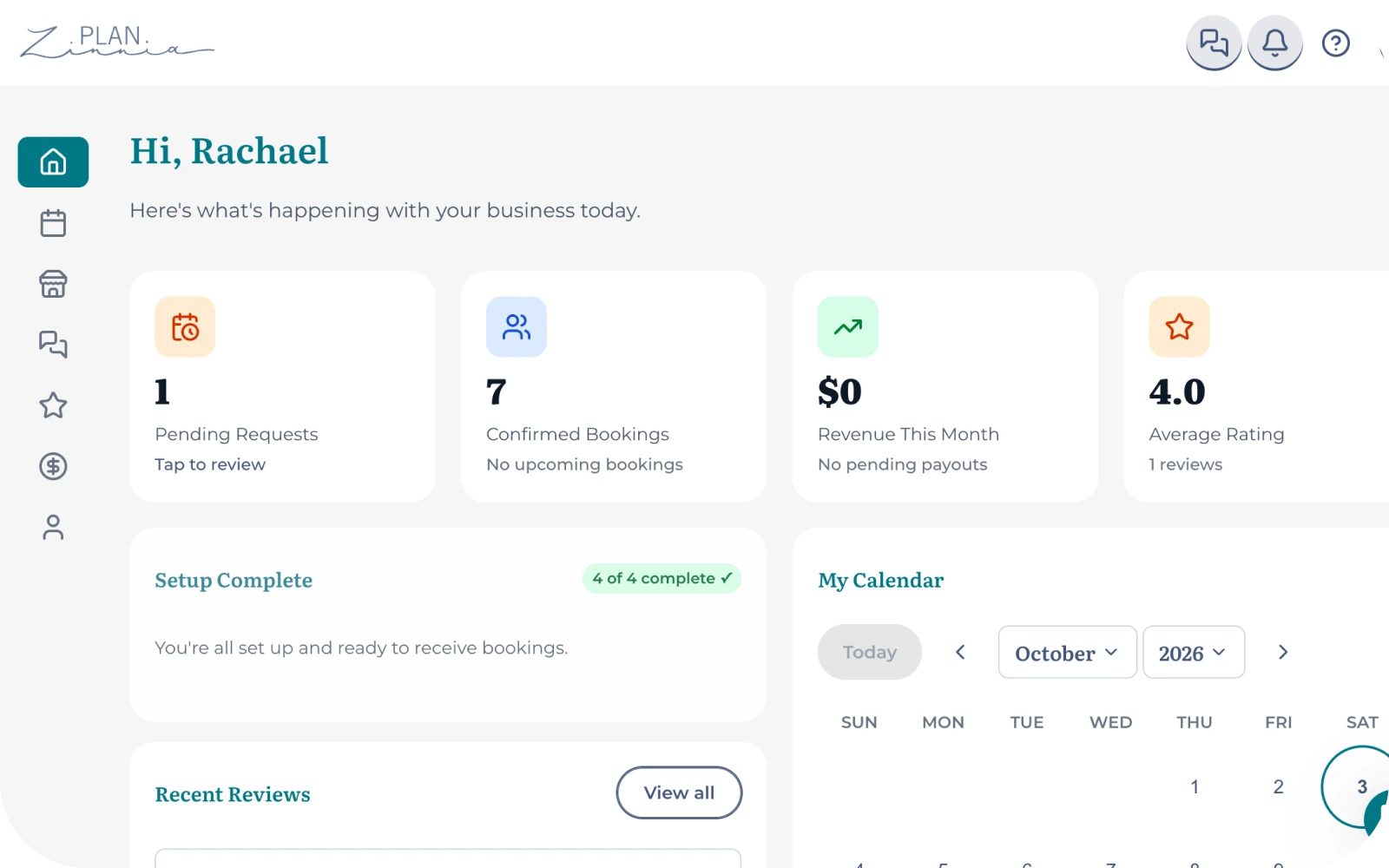 Plan Zinnia vendor dashboard with bookings and calendar